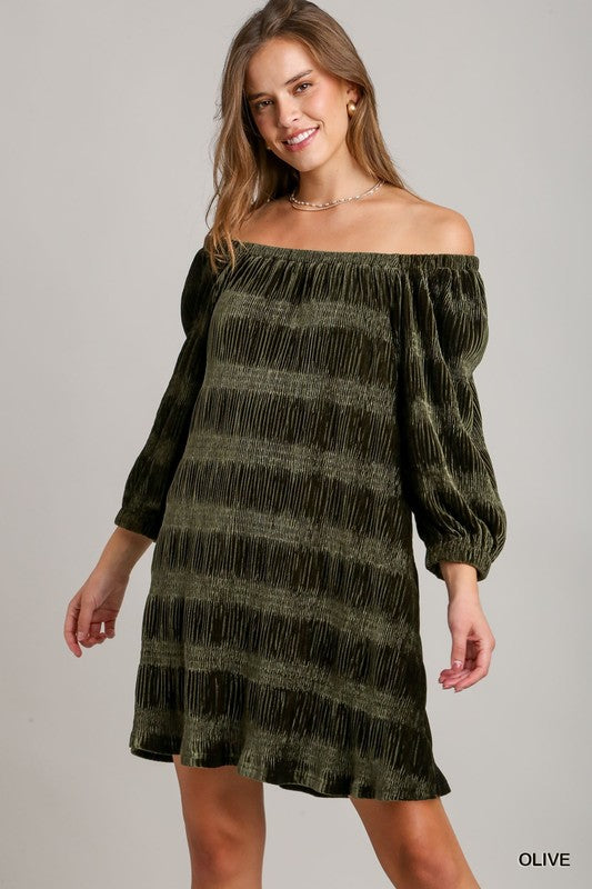 Solid Velvet Off The Shoulder Dress - Olive