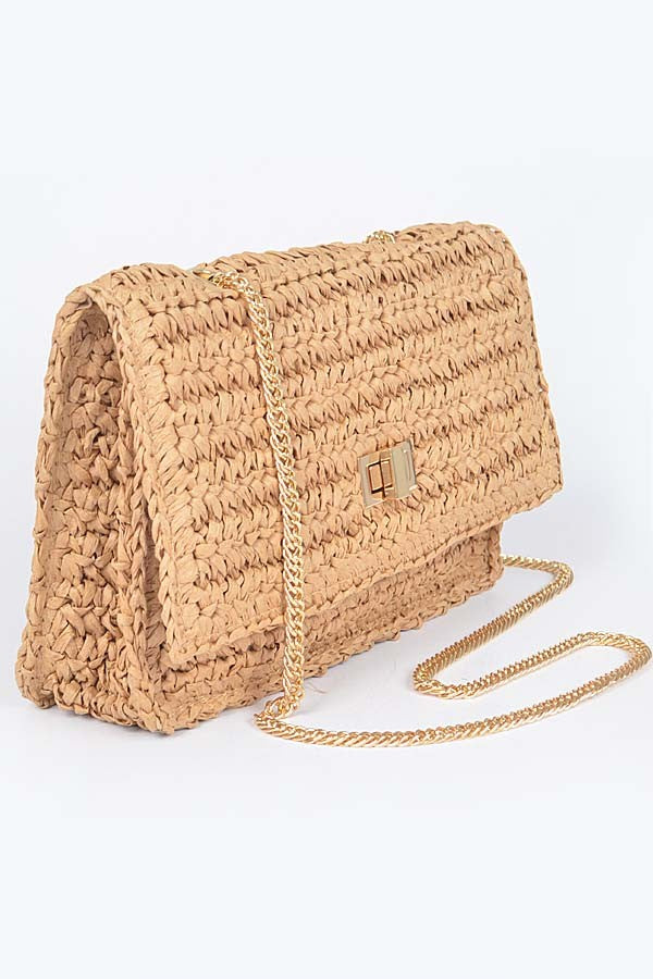 Faux Straw Flap Chain Shoulder Clutch