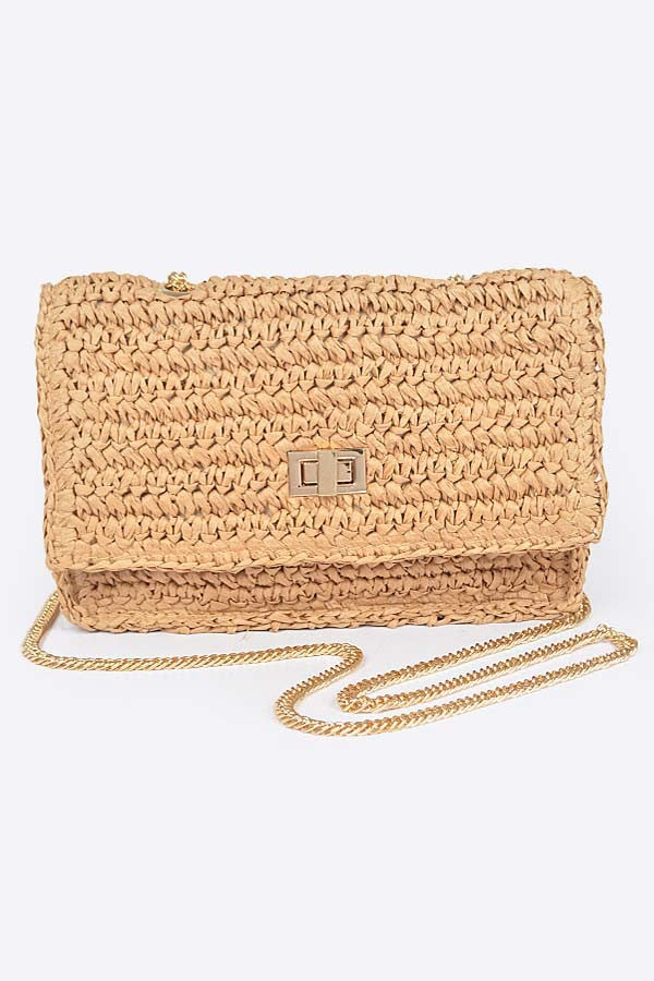 Faux Straw Flap Chain Shoulder Clutch