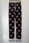 Black pants with pink bow pattern on a white background