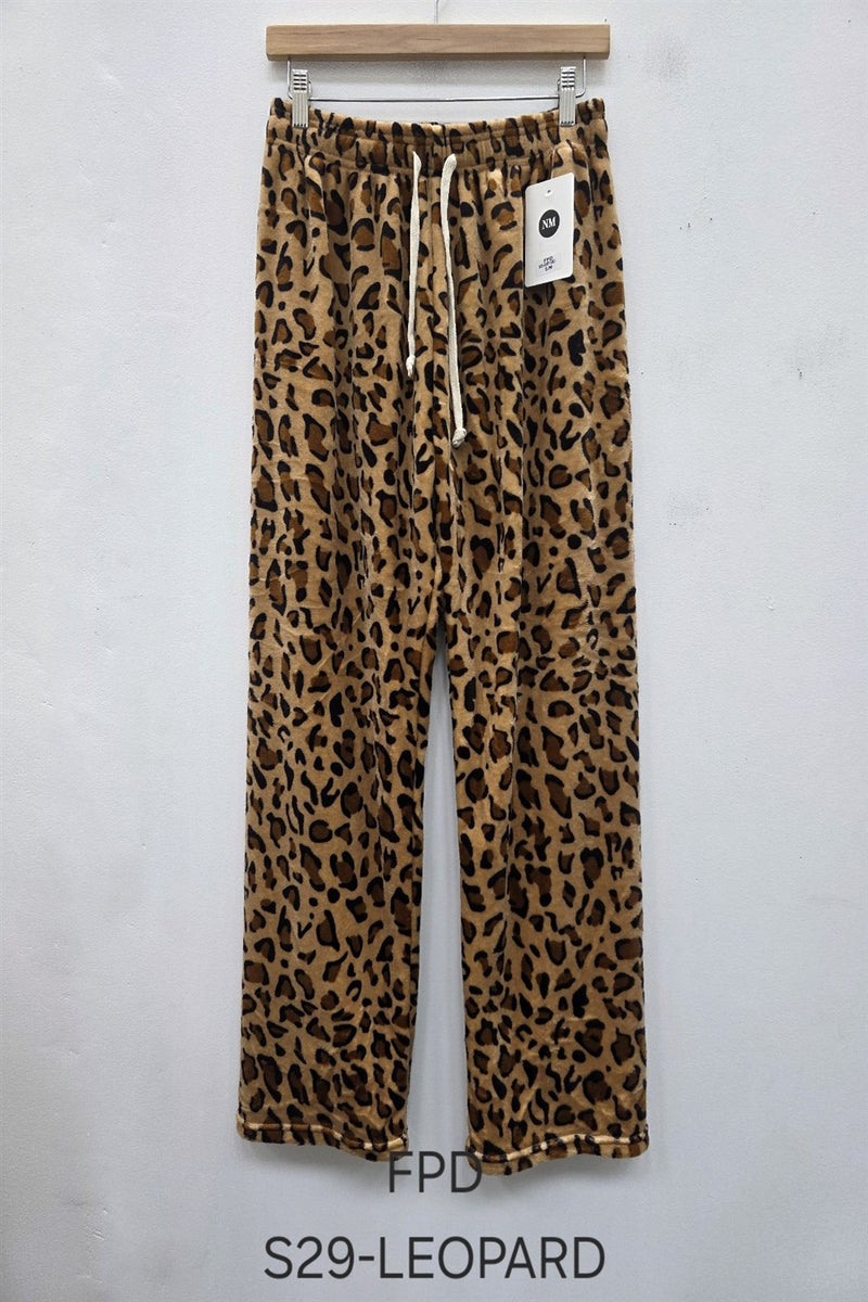 Leopard print pants with a drawstring on a white background