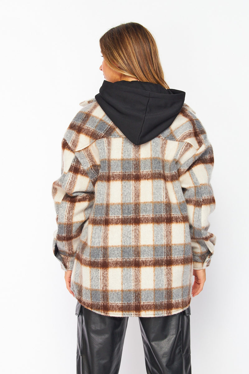 Oversized Plaid Shacket with Detachable Hoodie