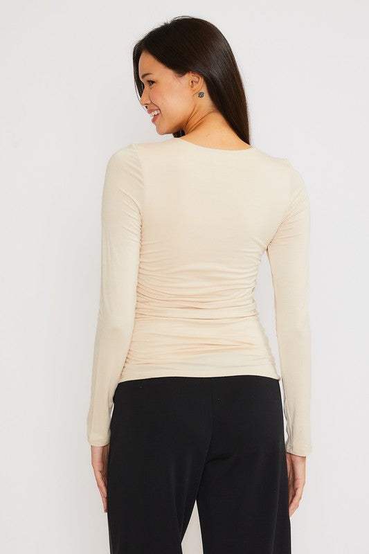 Double Layer Side Ruched Round Neck Top