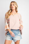3/4 Sleeves Striped Mix Print Top