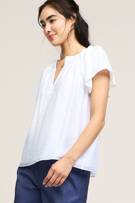 Split Neck Top w/ Pleated Neckline