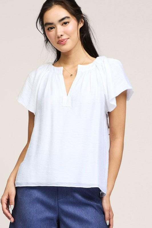 Split Neck Top w/ Pleated Neckline