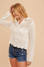 V-Neck Scallop Edge Pointelle Knit Sweater Top