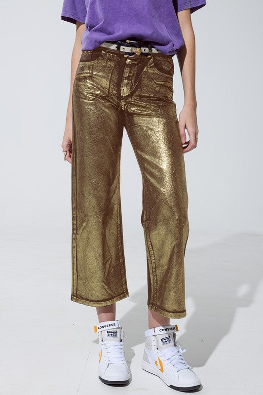 Brown Straight Leg Jeans w/ Gold Metallic Glow