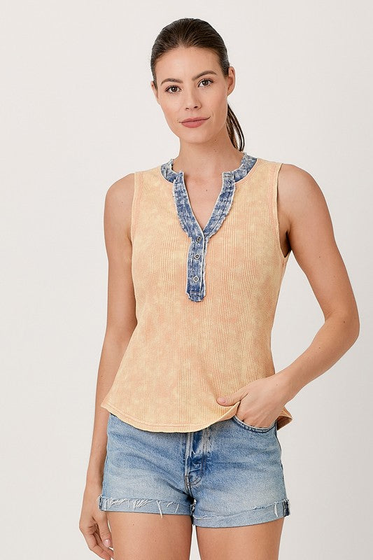 Washed Sleeveless  Henley Top