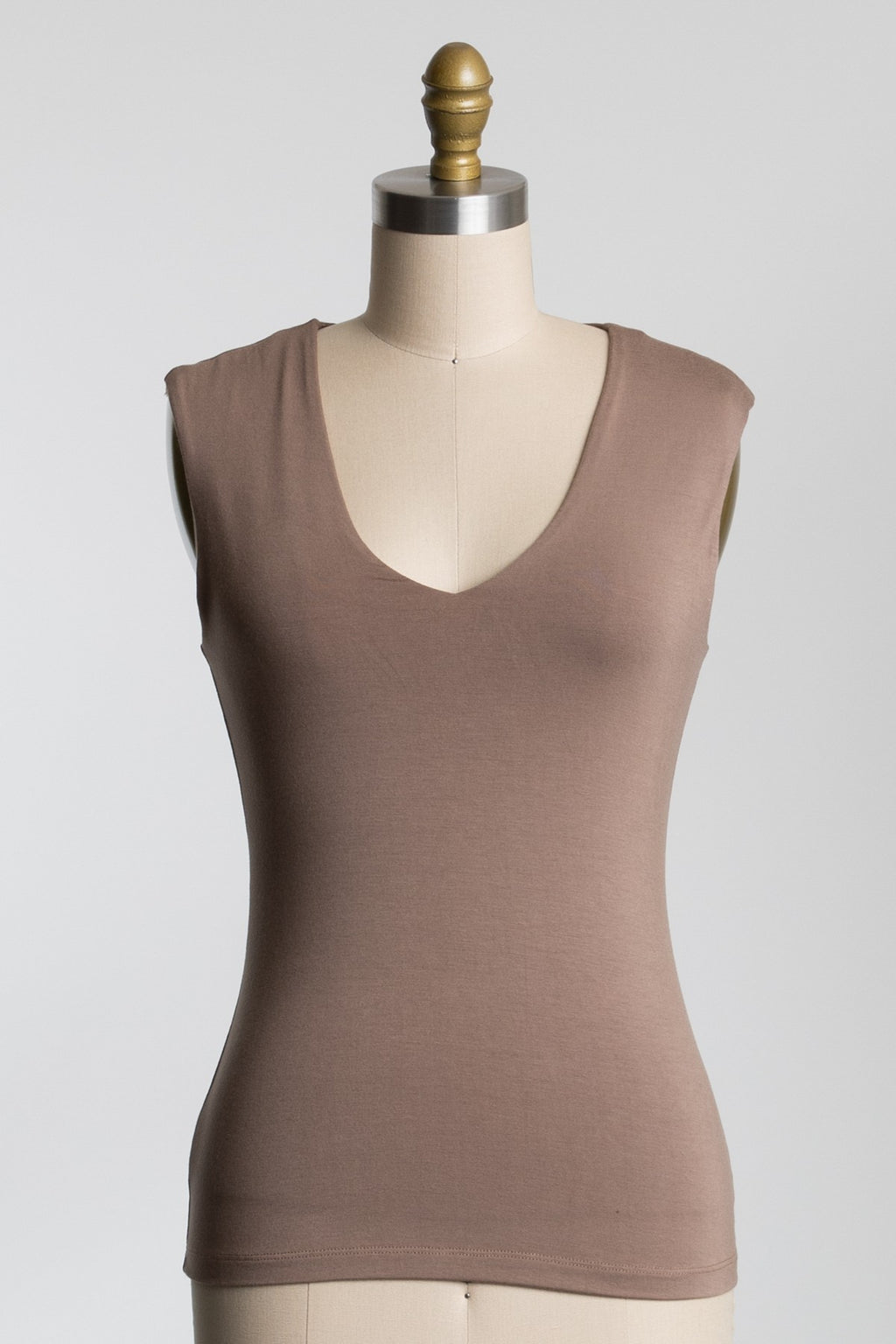 Sleeveless double layer knit rib top in a soft taupe color, perfect for layering in stylish Long Island boutique fashion.