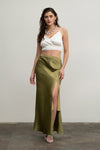 Satin Asymmetrical Side Slit Midi Skirt