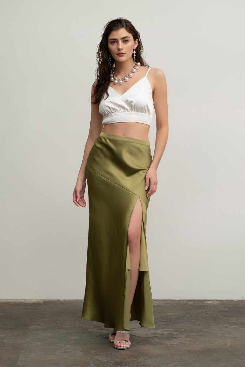 Satin Asymmetrical Side Slit Midi Skirt