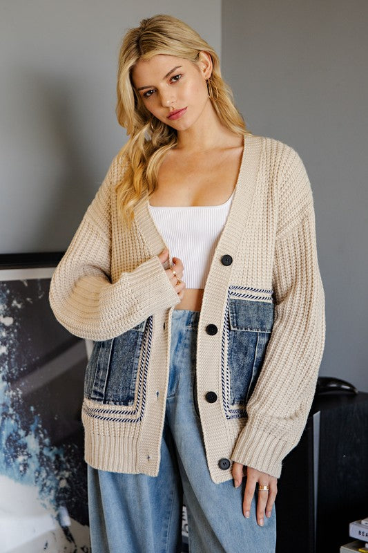 Knit Cardigan w/ Denim Pockets