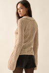 Solid Geometric Pointelle Bell Sleeve Cardigan