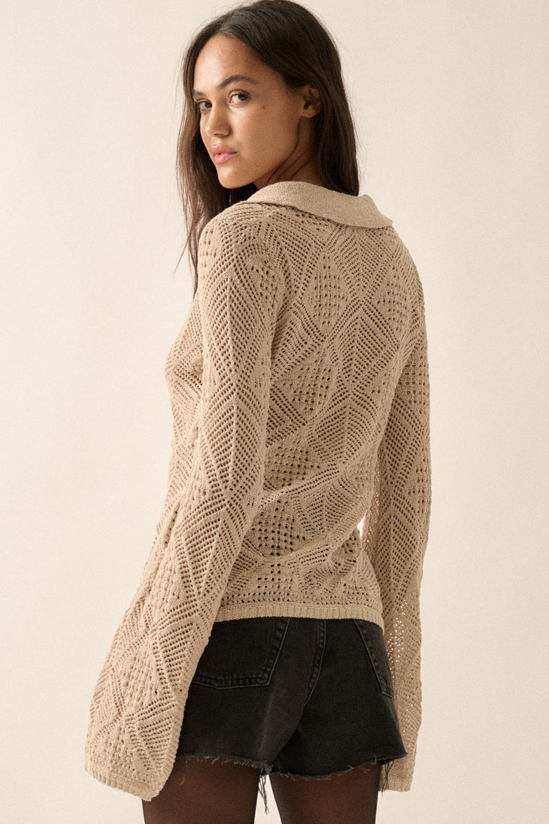 Solid Geometric Pointelle Bell Sleeve Cardigan