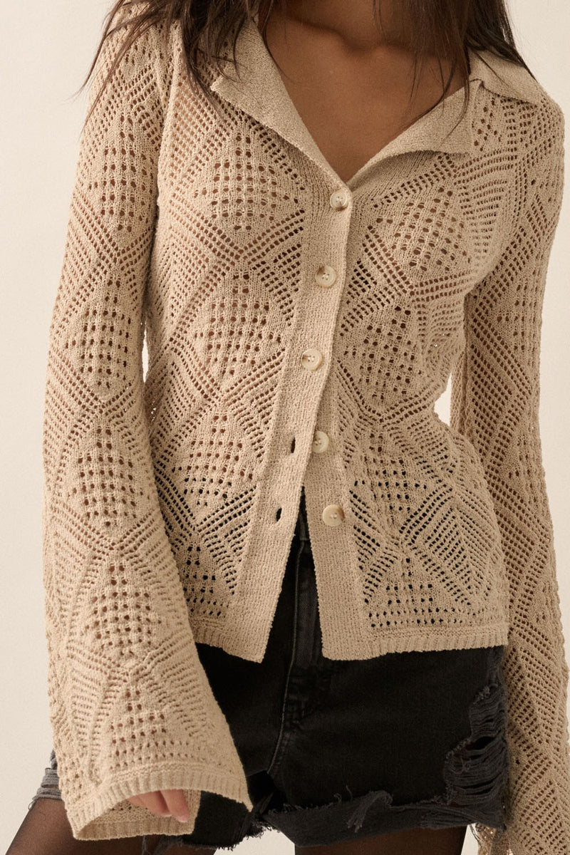 Solid Geometric Pointelle Bell Sleeve Cardigan