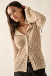 Solid Geometric Pointelle Bell Sleeve Cardigan