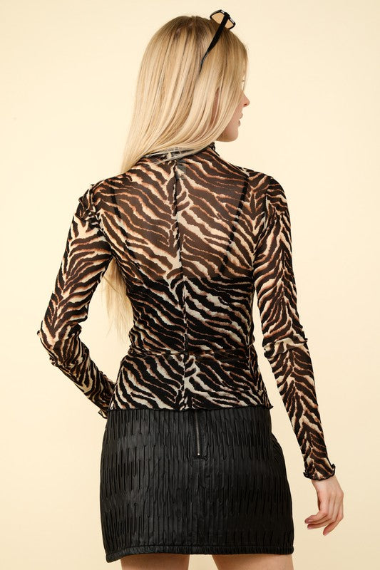 High Neck Fitted Sheer Mesh Lace Top - Zebra