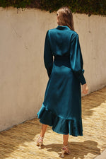 Satin Ruffled Midi Wrap Dress - Deep Teal