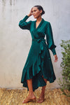 Satin Ruffled Midi Wrap Dress