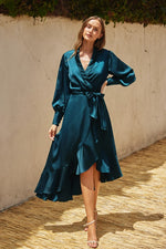 Satin Ruffled Midi Wrap Dress - Deep Teal