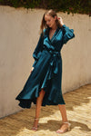 Satin Ruffled Midi Wrap Dress - Deep Teal