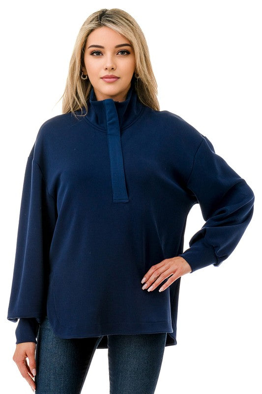 Ariella Collared Contrast Top w/ Zipper -Navy