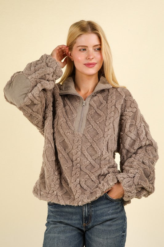 Fuzzy Fleece Cozy Cable Pattern Henley Top - Charcoal