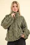 Fuzzy Fleece Cozy Cable Pattern Henley Top - Sage