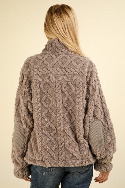 Fuzzy Fleece Cozy Cable Pattern Henley Top - Charcoal