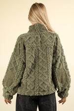 Fuzzy Fleece Cozy Cable Pattern Henley Top - Sage