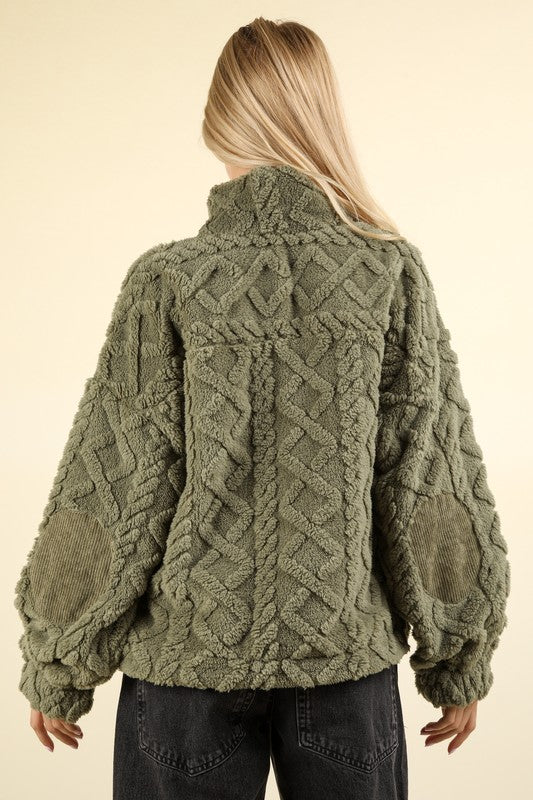 Fuzzy Fleece Cozy Cable Pattern Henley Top - Sage