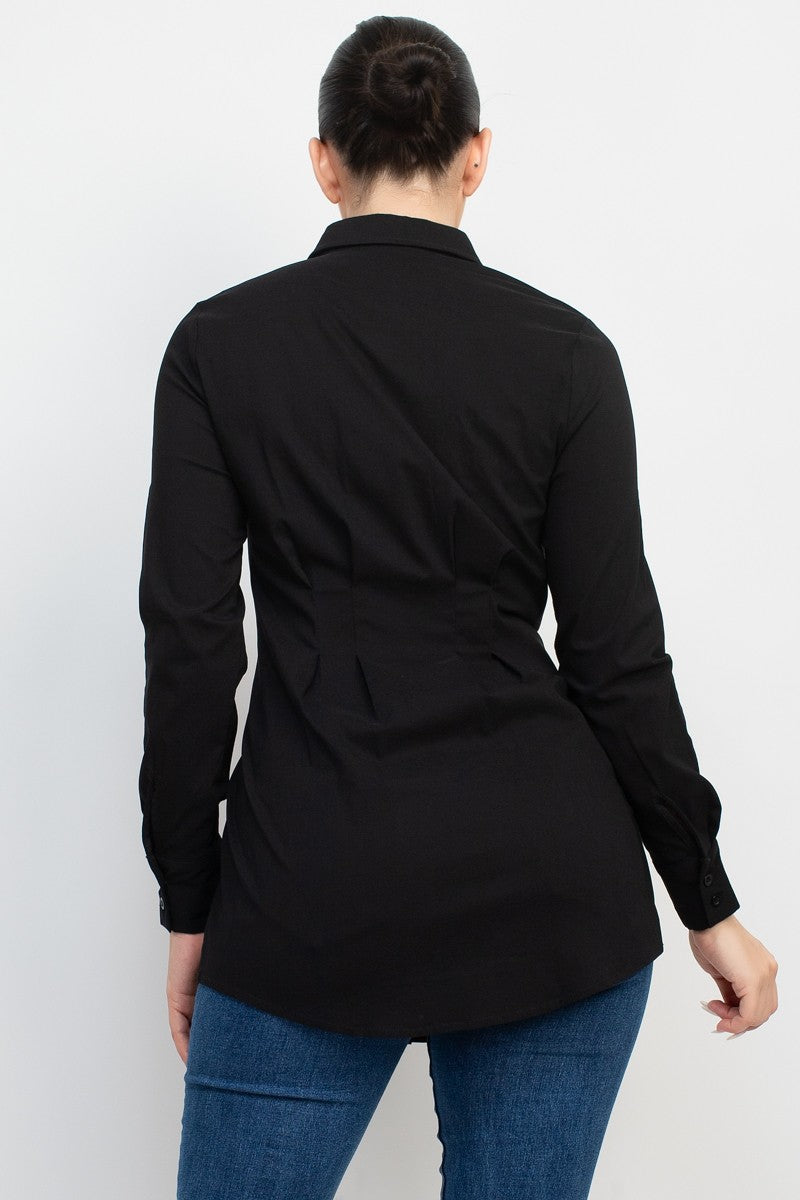 Cinched Waist Pleated Dress Shirt Top