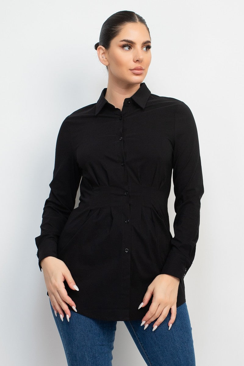 Cinched Waist Pleated Dress Shirt Top