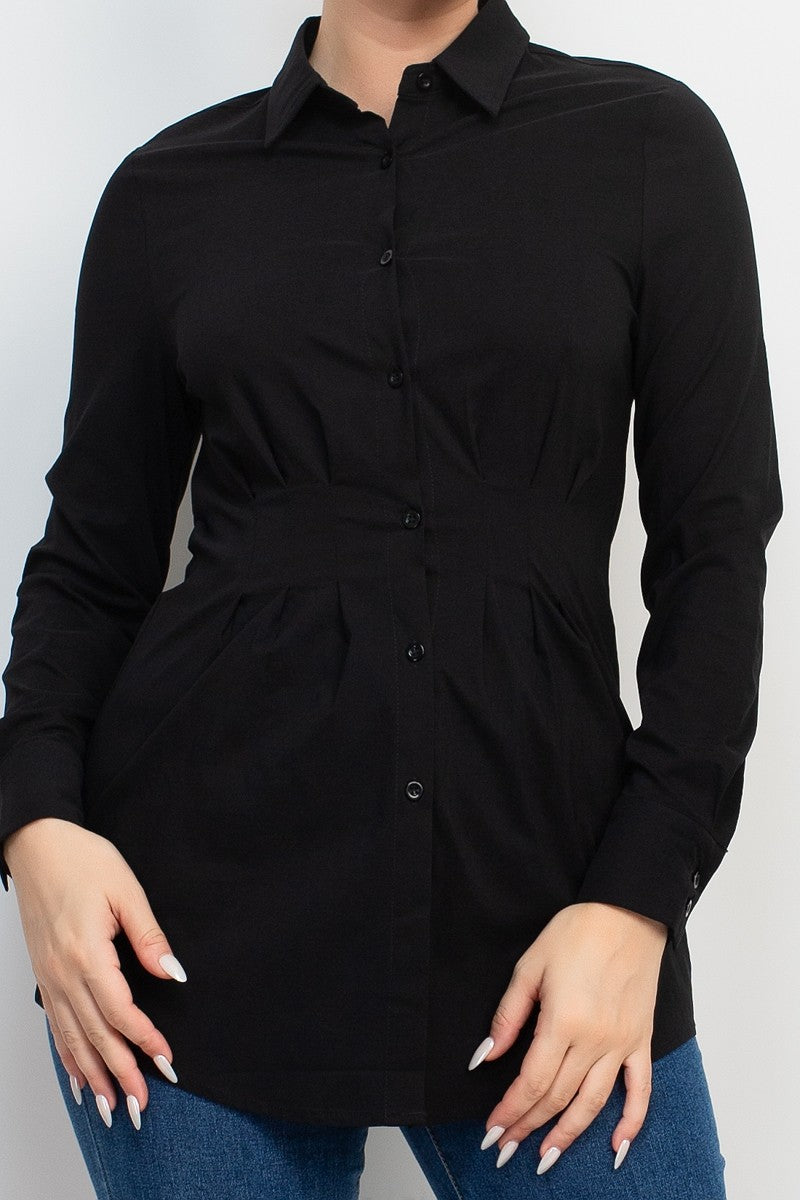 Cinched Waist Pleated Dress Shirt Top
