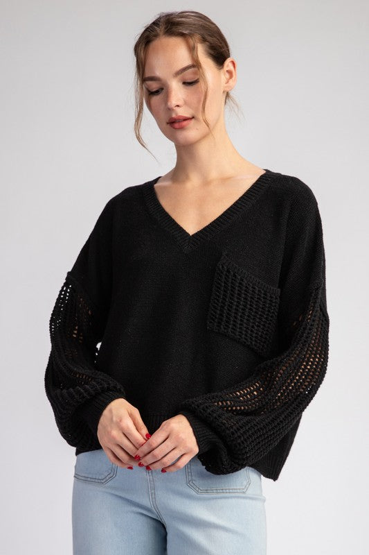 Open Knit Long Sleeve Sweater Top - Black