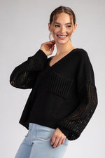 Open Knit Long Sleeve Sweater Top - Black