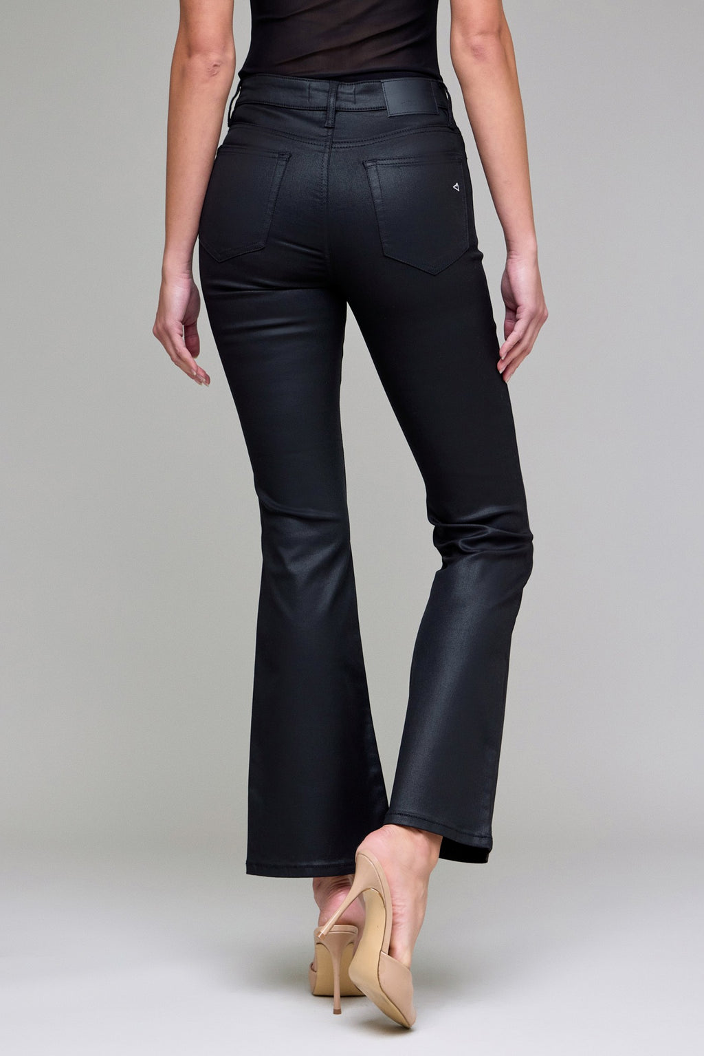 Hidden Coated Clean Stretch Flare Jean in Black – coated denim flare pants from TandyWear women’s boutique front view