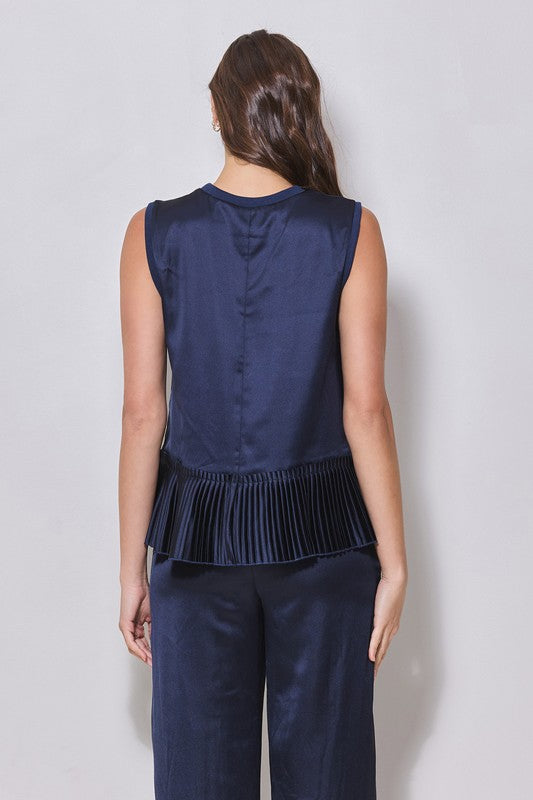 Sleeveless Satin Pleated Hem Top