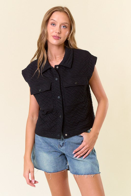 Quilted Point Collar Flap Patched Pocket Vest