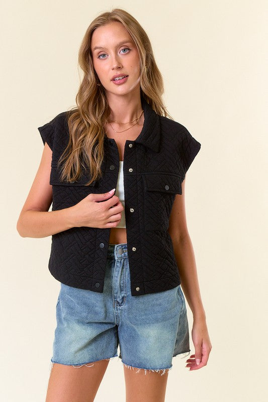 Quilted Point Collar Flap Patched Pocket Vest