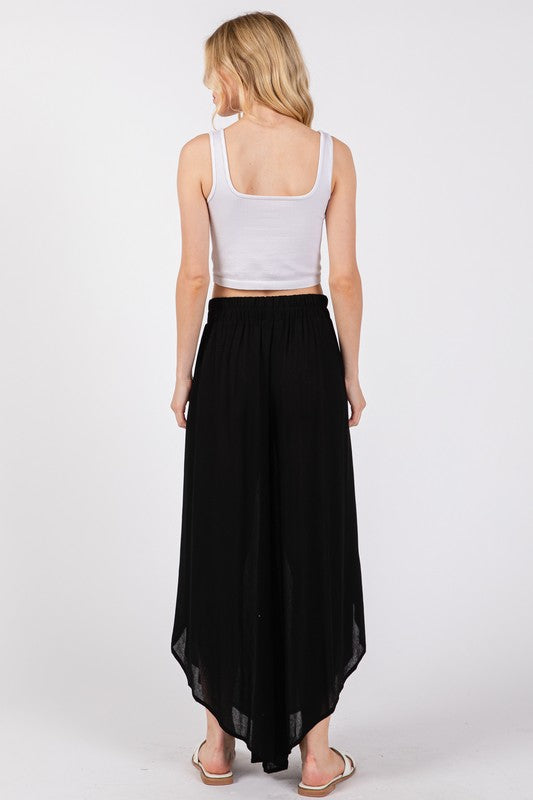 Woven Overlap Front Split Thigh Pants - Black