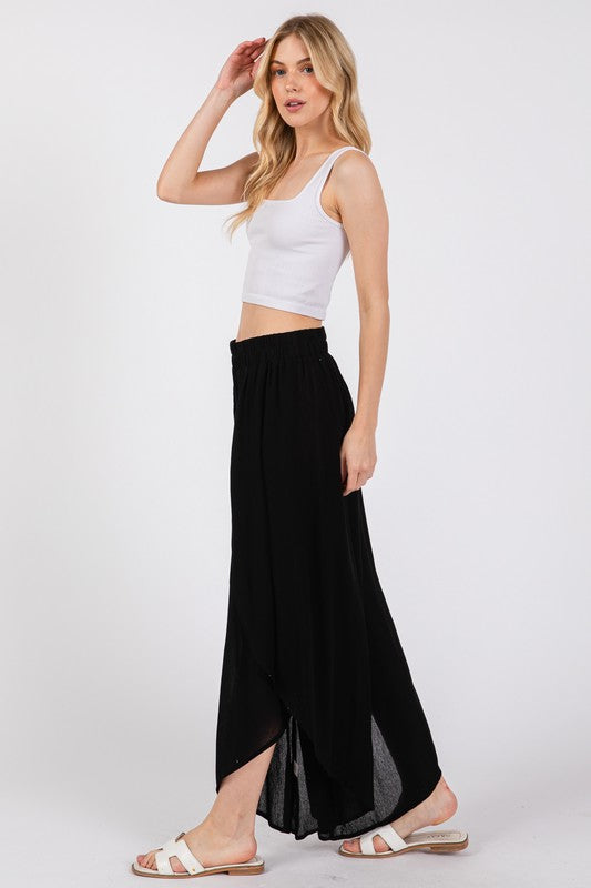 Woven Overlap Front Split Thigh Pants - Black