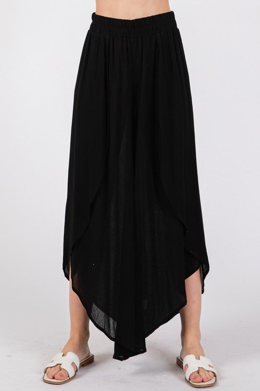 Woven Overlap Front Split Thigh Pants - Black