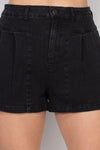 Pleated Textured Zip Fly Denim Shorts