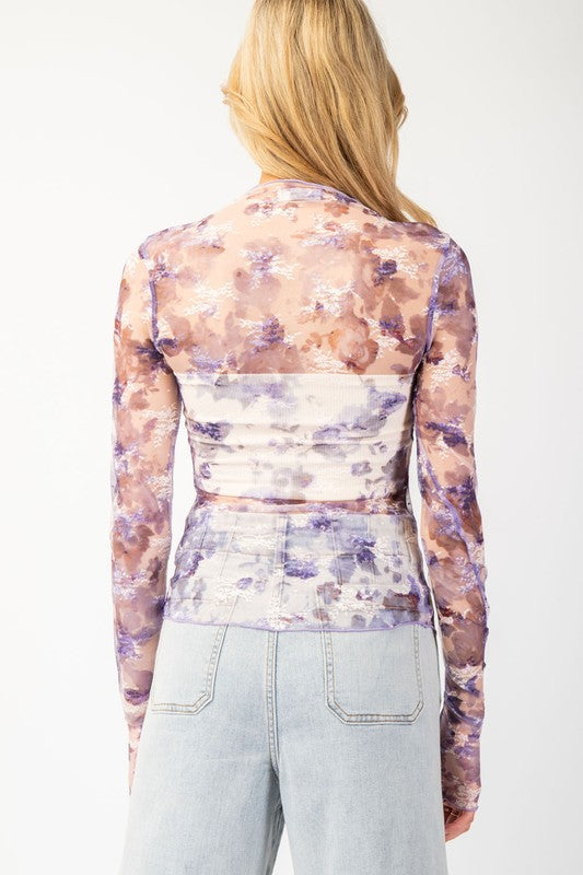 Sheer Floral Printed Mock Neck Top