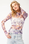 Sheer Floral Printed Mock Neck Top