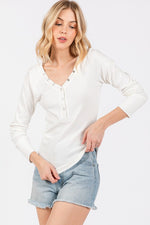 Ribbed Knit V-Neck Long Sleeve Top