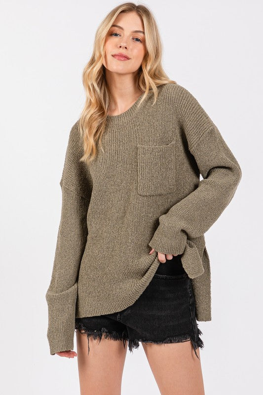 Crew Neck Sweater Top - Olive