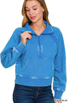 Acid washed half zip fleece pullover in ocean blue featuring a kangaroo pocket and relaxed fit, perfect for Long Island boutique fashion.